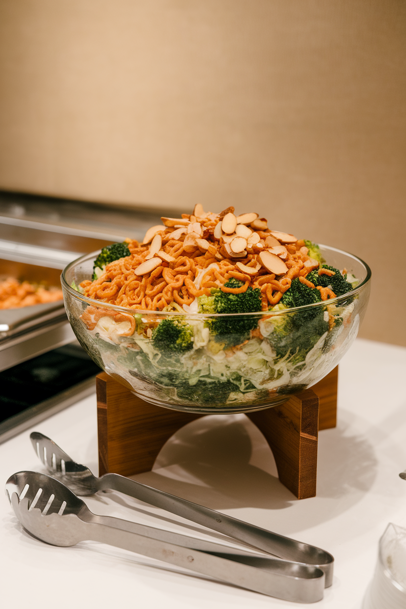 An indoor buffet line with a glass bowl filled with broccoli slaw mix, toasted ramen noodles, and sliced almonds coated in tangy dressing. No text or logos. Photo.