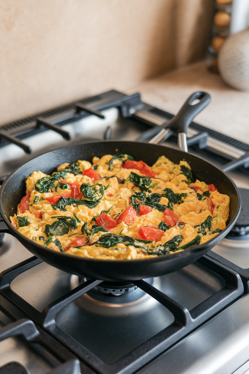 Photo prompt: An indoor skillet of spinach and tomato scrambled eggs atop a stovetop, no logos.