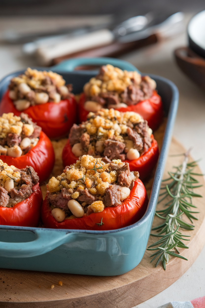 Indoor baking dish of large tomatoes packed with beef, white beans, and herbs, topped with crumbs—no text or logos.