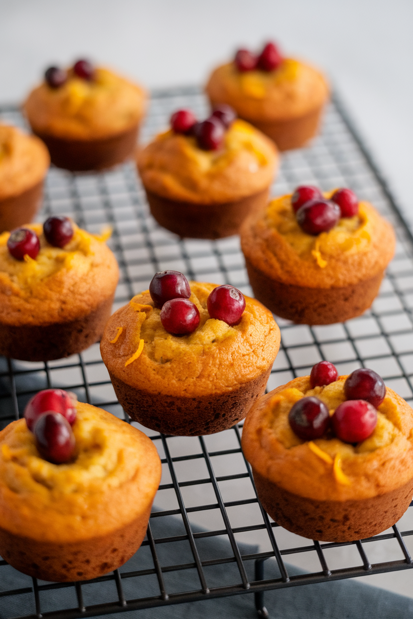 An indoor baking rack with several golden cranberry orange muffin tops cooling, citrus zest visible. Photo, no text or logos.