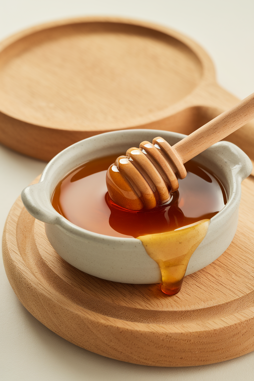 Indoor ceramic dish of thick raw honey with a wooden honey dipper dripping slowly, warm amber hue; no text or logos. Photo.