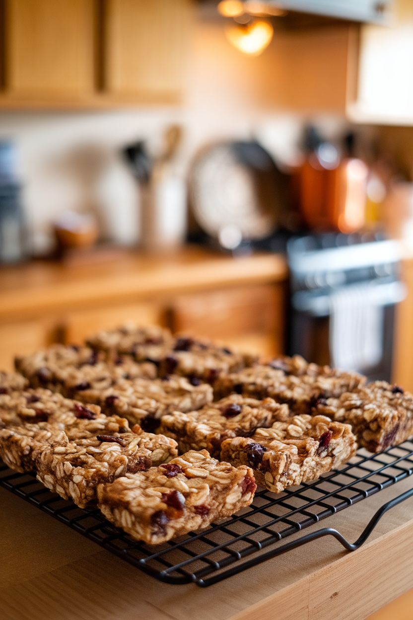 A tray of homemade oat and nut bars cooling on a wire rack, indoor kitchen lighting, photo, no text or logos