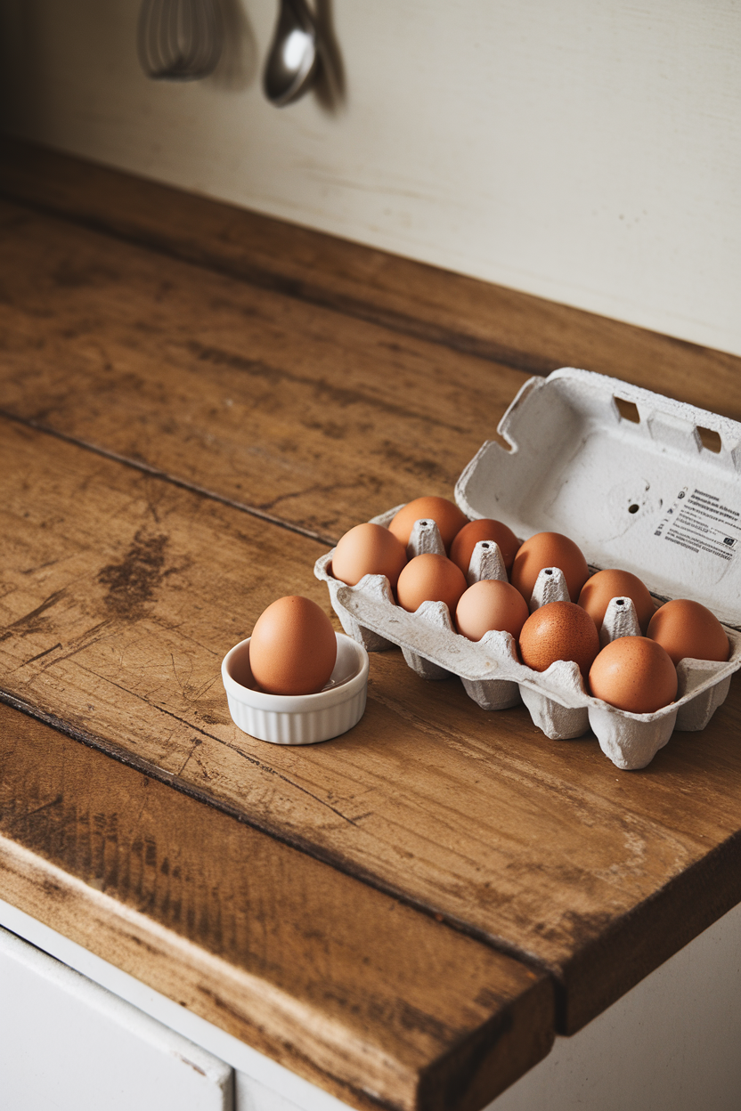 A simple indoor scene with a carton of brown eggs on a rustic wooden countertop, one cracked into a small dish, no text or logos.
