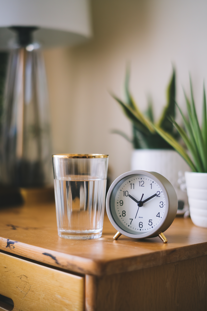 An indoor bedside table showing a small clock reading 7:00 a.m. next to an empty water glass, no text or logos.