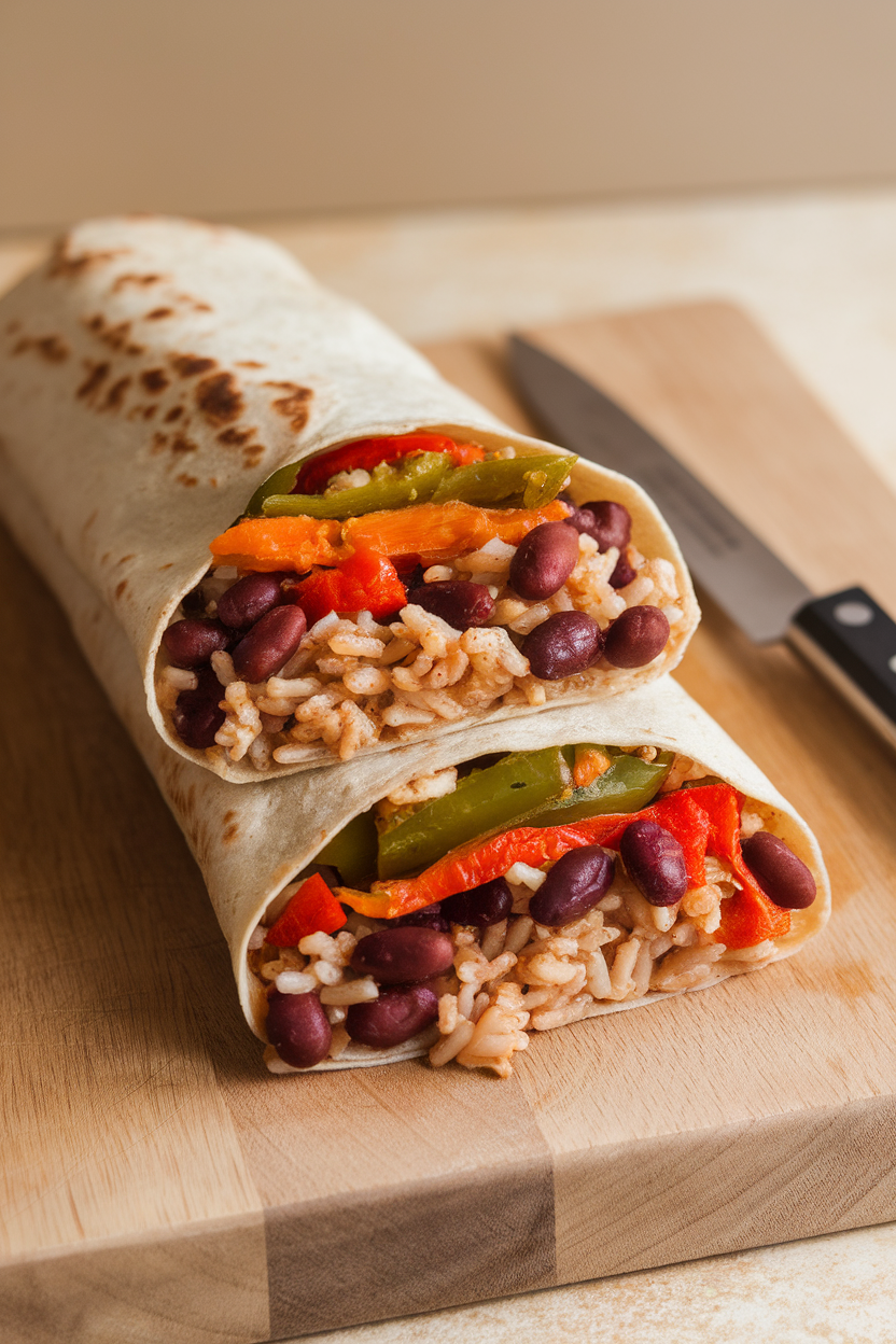 An indoor countertop displaying a sliced burrito showing pinto beans, brown rice, and sautéed peppers inside a whole-wheat tortilla. No text or logos.