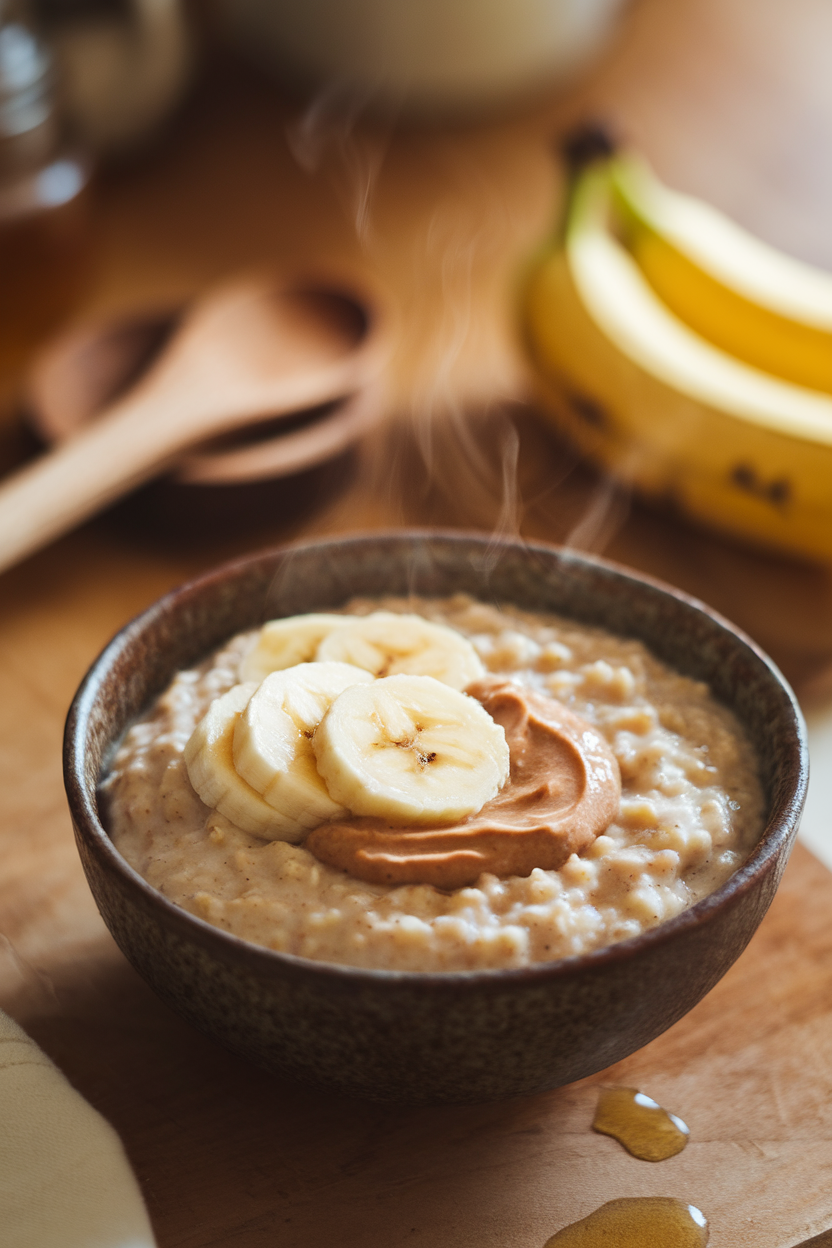Warm indoor kitchen scene showing a rustic bowl of creamy oatmeal topped with banana slices, a dollop of almond butter, and a light drizzle of honey; steam just visible. No text or logos; photo only.