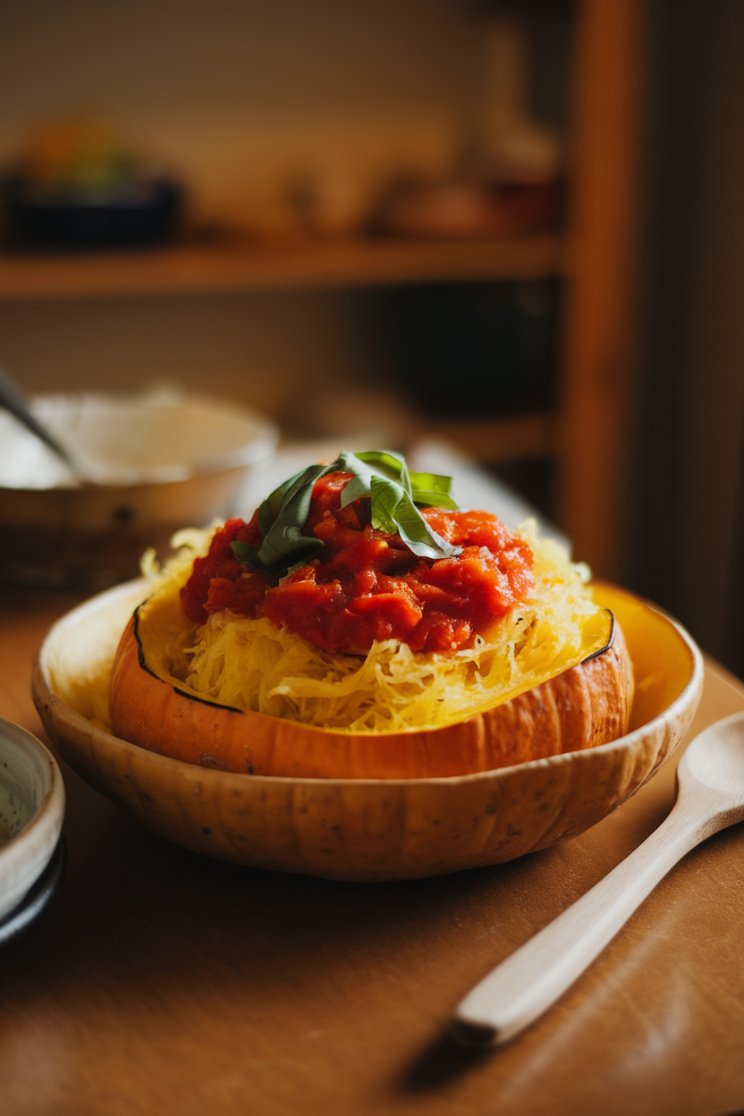 A warmly lit indoor table with a bowl of roasted spaghetti squash strands topped with chunky tomato marinara and basil ribbons. Photo, no text or logos.