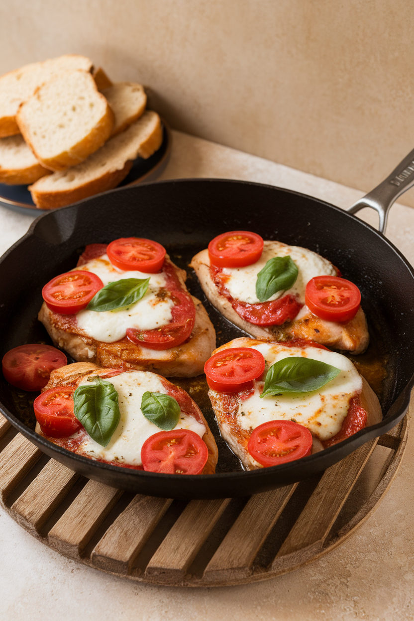 An indoor skillet resting on a wooden trivet, showing chicken breasts topped with melted mozzarella, tomato slices, and fresh basil leaves. No text or logos present. Photo, not illustration.
