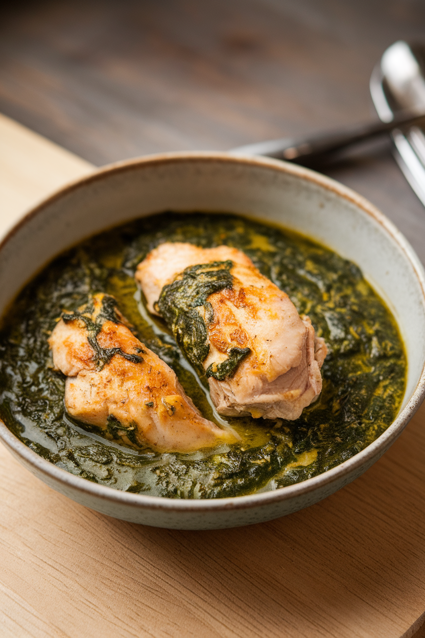 Photo prompt: A shallow bowl of tender chicken pieces submerged in vibrant spinach sauce, indoor setting with soft focus background. No text or logos.