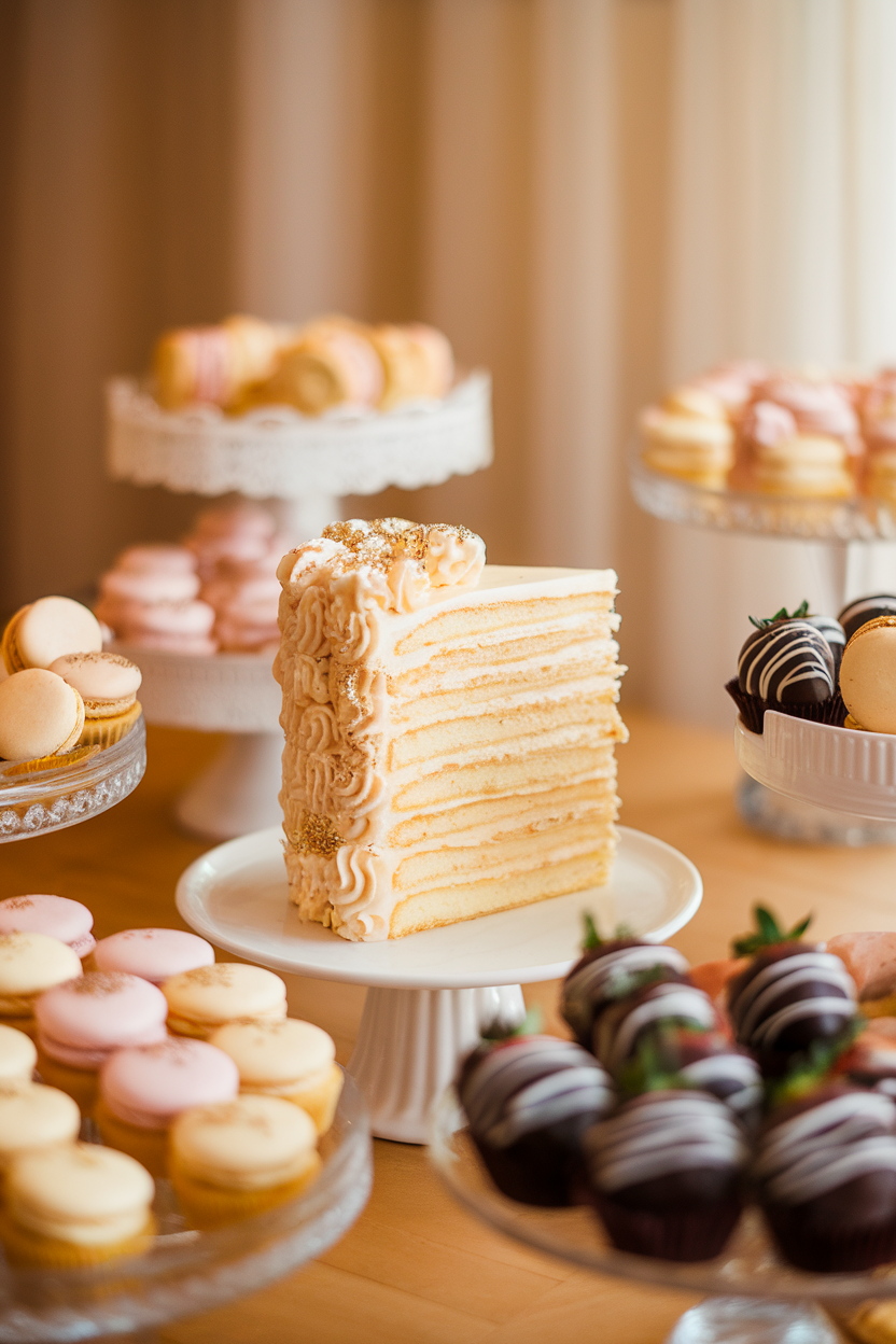 A warmly lit indoor dessert table featuring a tall slice of vanilla layer cake with pale champagne-tinted buttercream and a sprinkling of edible gold glitter. Soft focus background, no text or logos. Photo, not illustration.