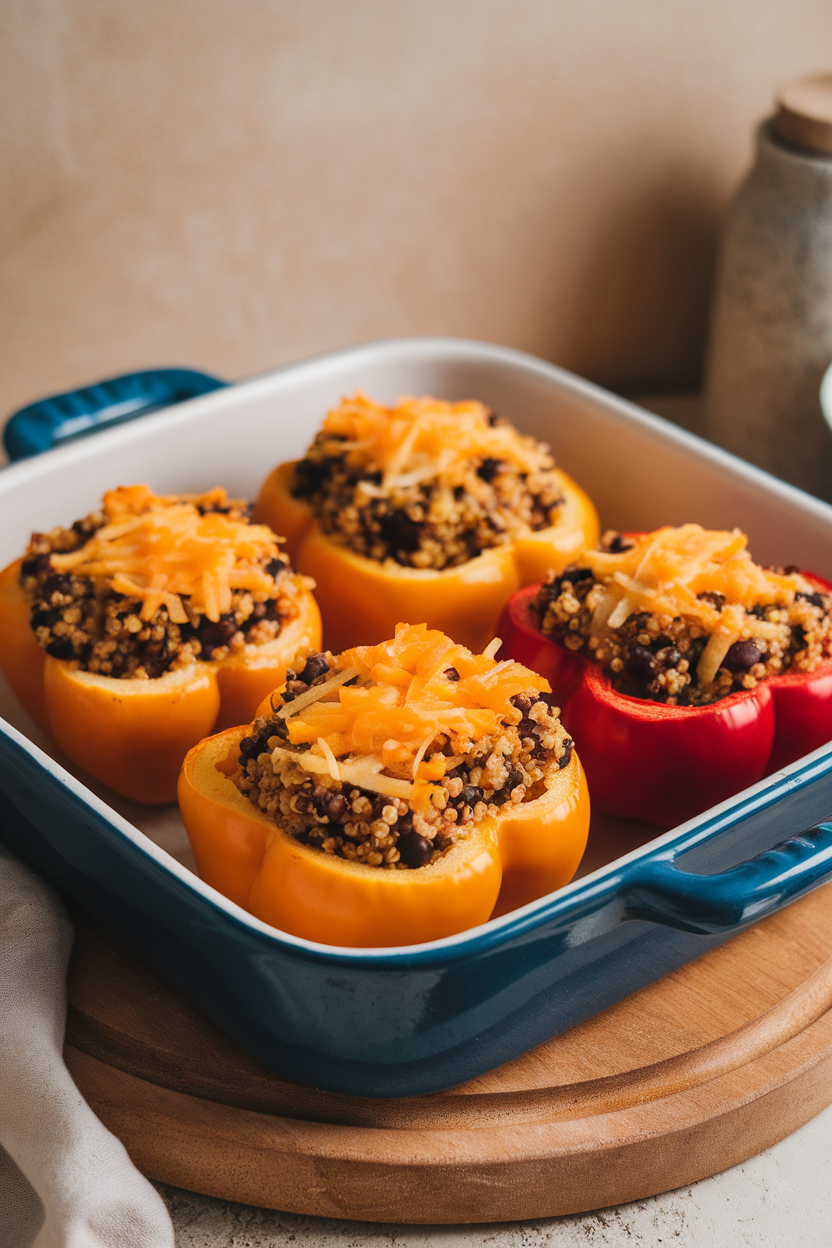 Halved bell peppers filled with quinoa and black bean mixture in a ceramic baking dish, cheese lightly melted on top, indoor setting, no text or logos.
