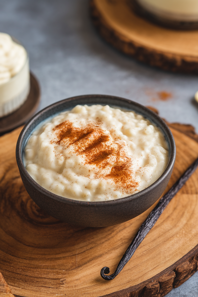 An indoor dessert bowl of creamy rice pudding sprinkled with cinnamon, vanilla pod placed to the side. This should be a photo, not an illustration. No text or logos anywhere in the scene.