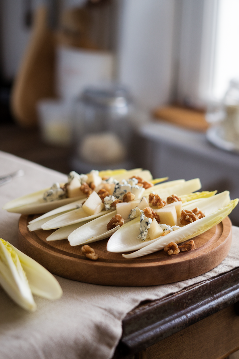 Indoor serving board showcasing endive spears topped with diced pear, crumbled blue cheese, and walnut pieces—photo, no text or logos.