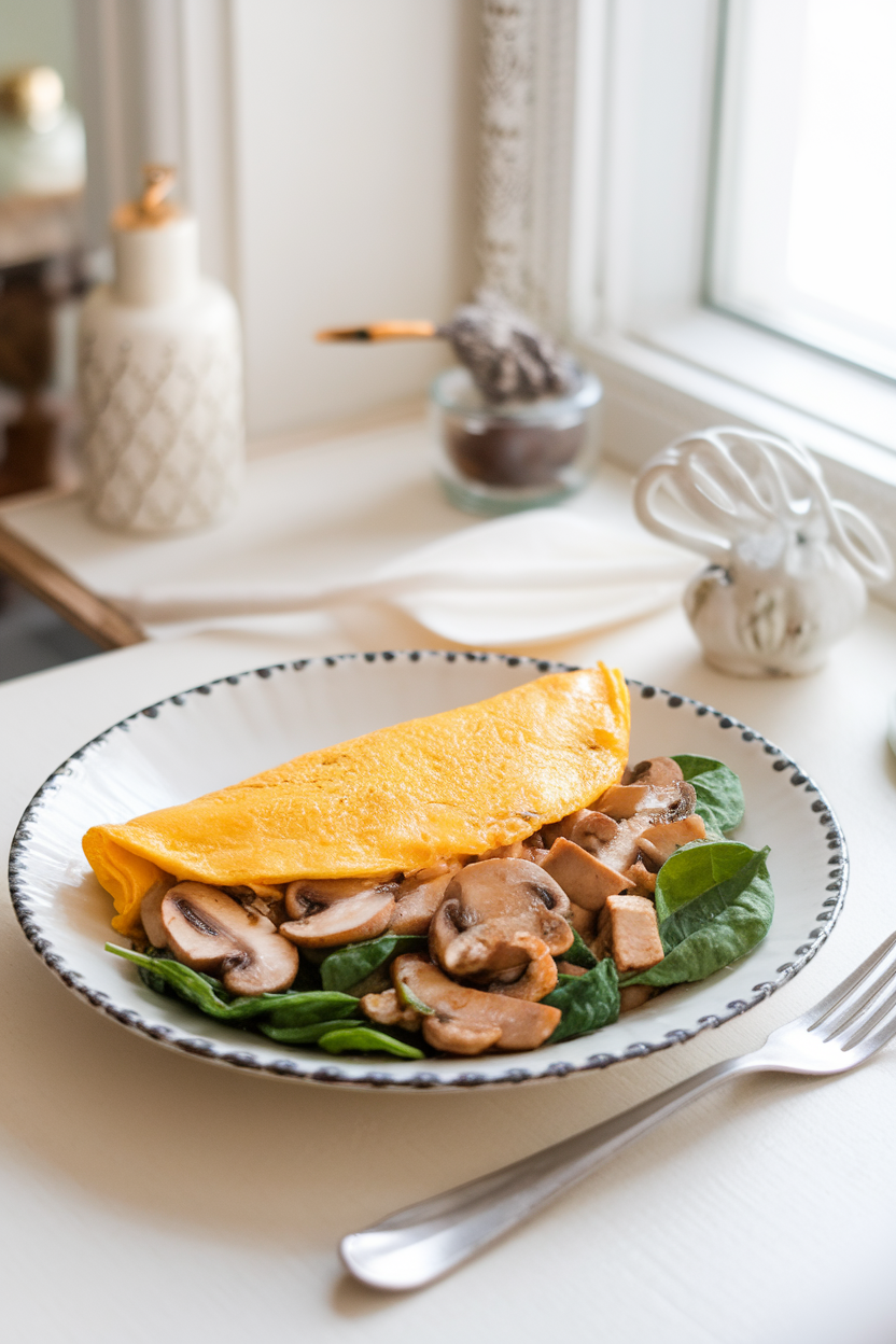 A softly lit indoor breakfast nook with a skillet omelet folded over sautéed mushrooms, baby spinach, and diced chicken breast. A fork rests beside the plate. No text or logos. Photo, not illustration.