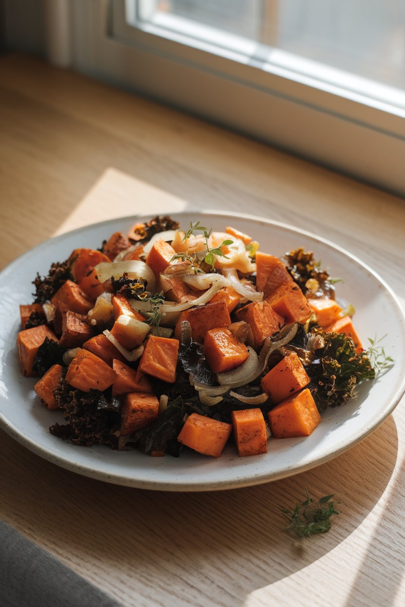 A white ceramic plate indoors holding a colorful hash of cubed roasted sweet potatoes, wilted kale, and caramelized onions. Soft morning light; no text or logos.