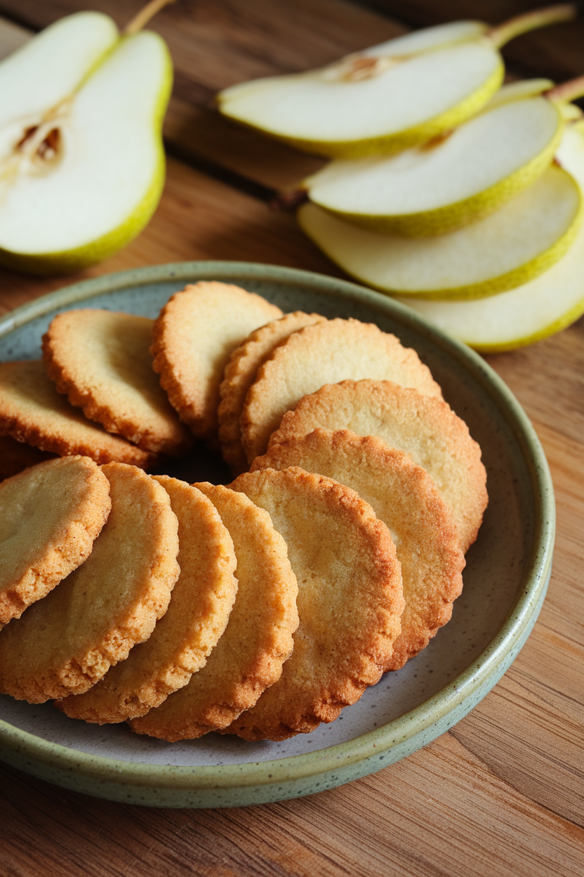 Photo prompt: Cardamom pear cookies on ceramic plate indoors, thin pear slices in background, no text or logos.
