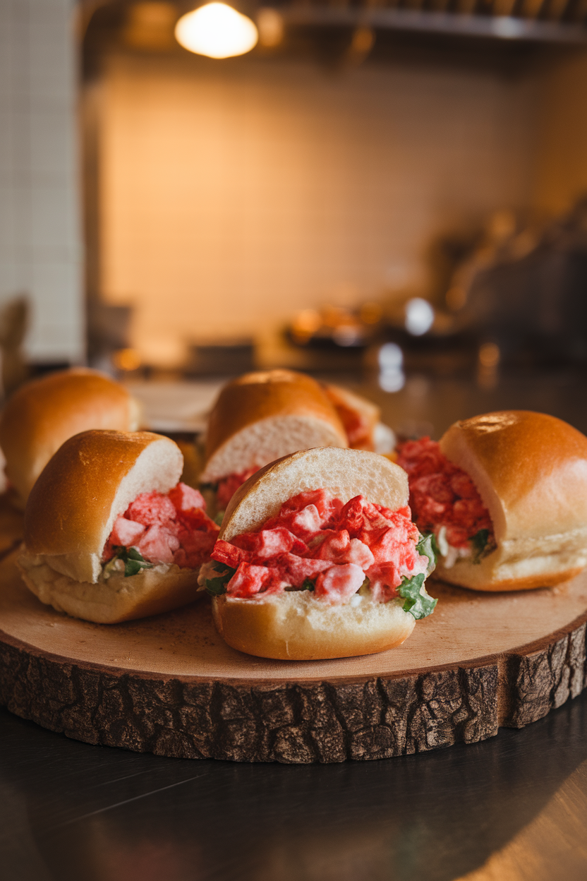 Photo of an indoor wooden board with small split-top buns filled with lobster salad, butter-brushed sides toasted; warm kitchen light, no text or logos