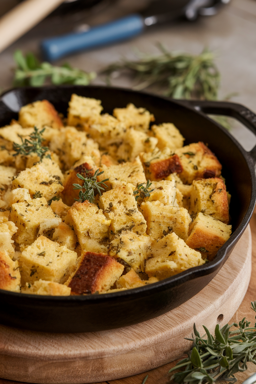 Indoor photo of a cast-iron skillet filled with golden cornbread stuffing cubes dotted with herbs, no text or logos