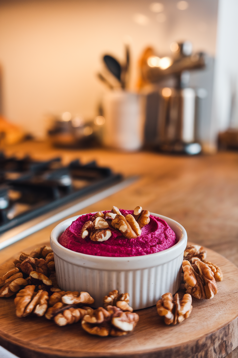 Photo of magenta beet dip in a small ramekin, toasted walnuts sprinkled on top, indoor kitchen. No text or logos.