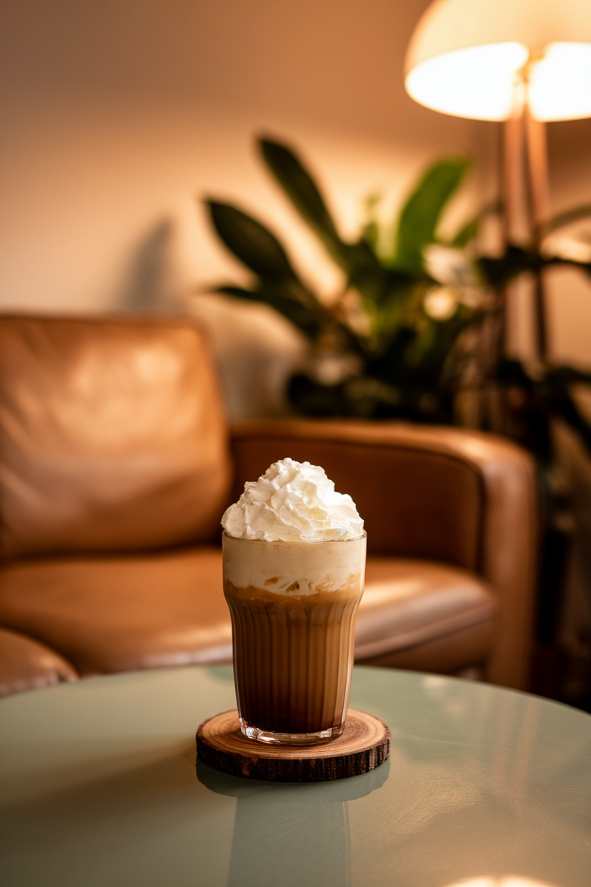 Indoor coffee table featuring a heat-proof glass of maple Irish coffee, thick whipped cream dome on top. Photo, no text or logos.