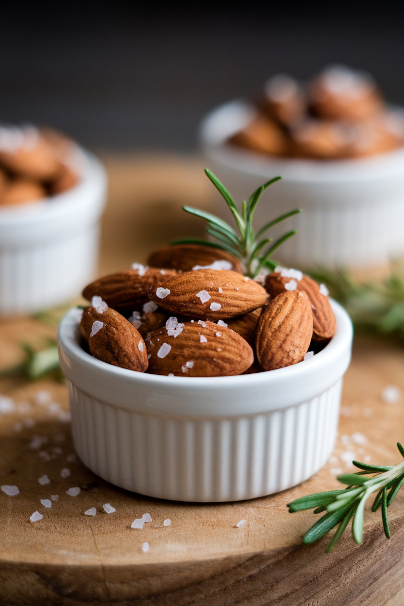 Indoor photo of a small ramekin filled with whole almonds coated in minced rosemary and sea salt, set on a wooden board. No text or logos visible.
