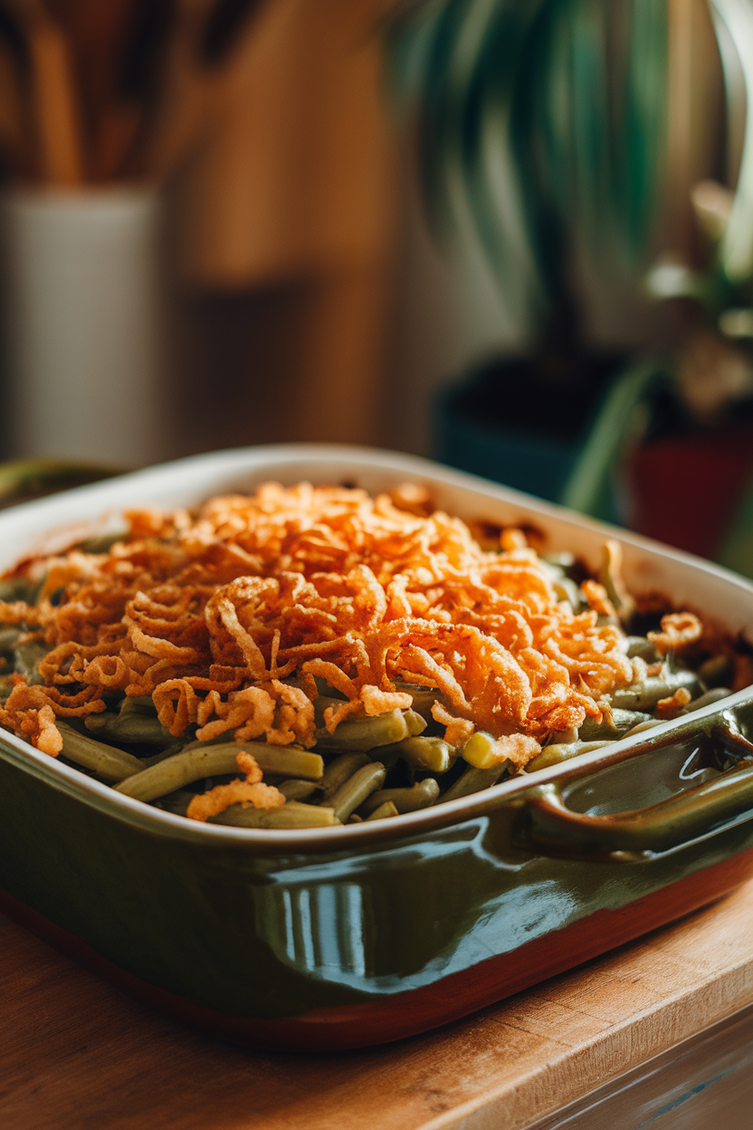 A ceramic baking dish of bubbling green bean casserole topped with crispy fried onions under warm indoor light. No text or logos. Photo.