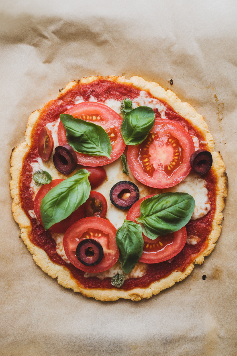 Indoor photo of a small round cauliflower-crust pizza topped with tomato slices, olives, and fresh basil on parchment; overhead, no text or logos