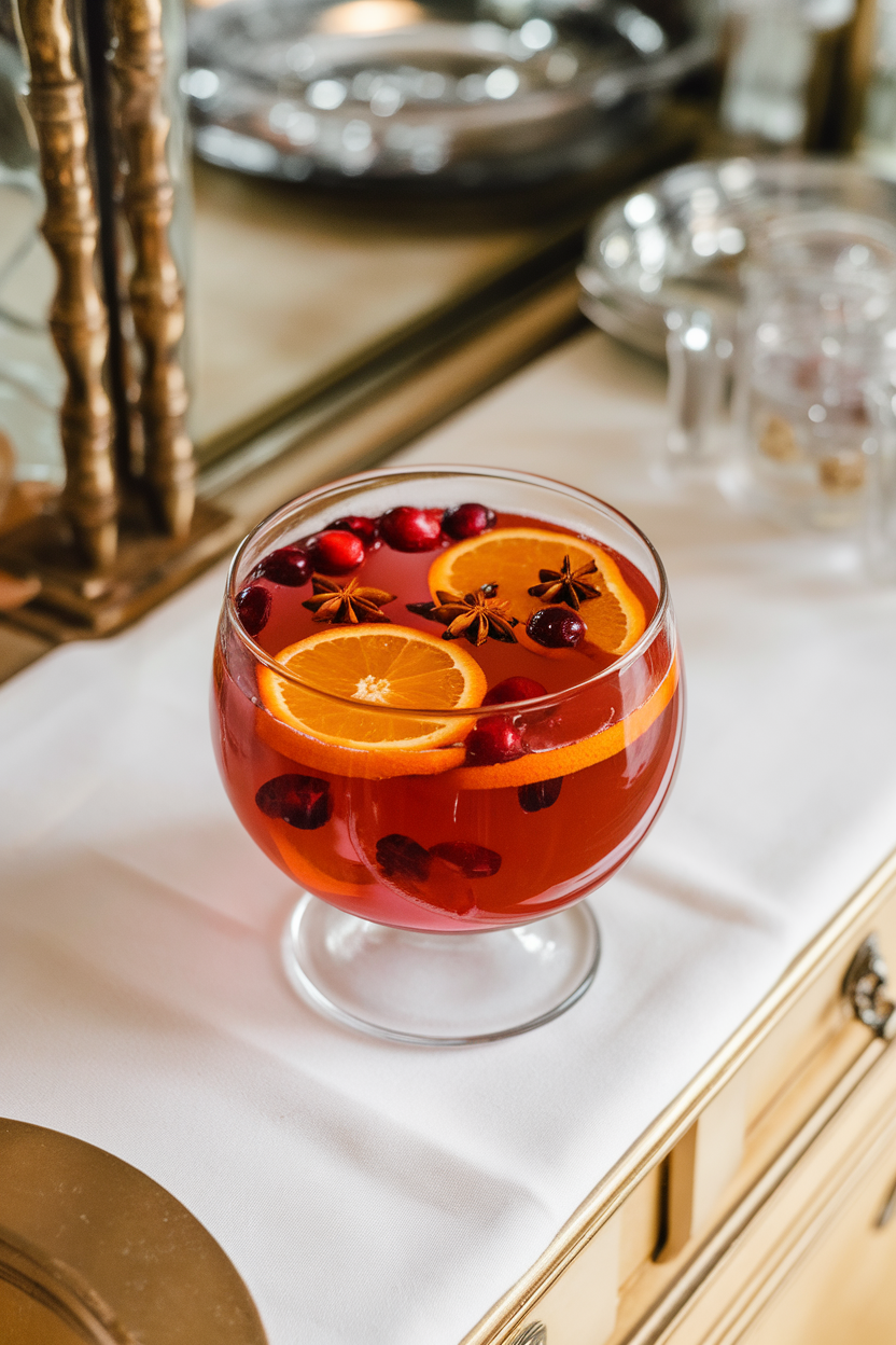 An indoor buffet sideboard showcasing a small punch bowl of reddish punch filled with orange wheels, star anise, and cranberries floating on the surface. No text or logos; photograph, not illustration.