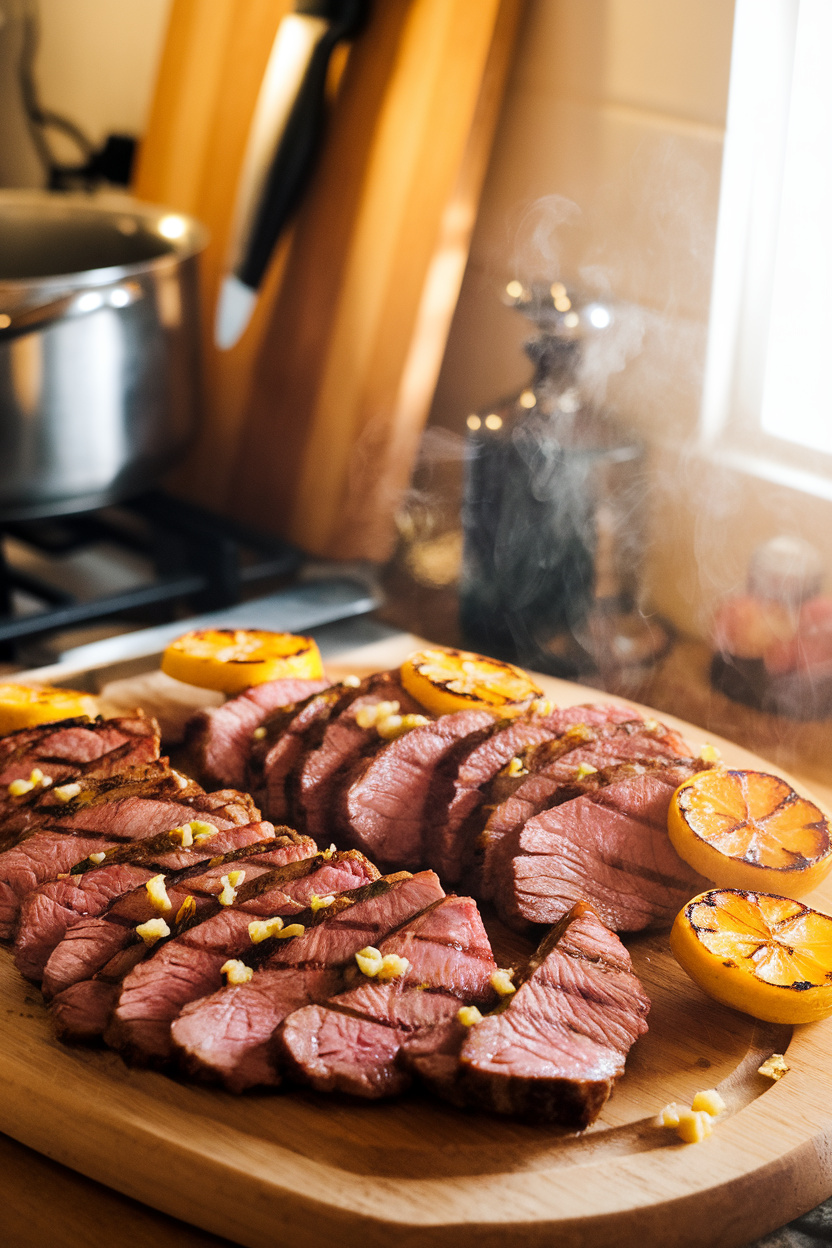 A warmly lit indoor kitchen counter showcasing thin slices of grilled sirloin fanned out on a wooden board, flecked with grilled lemon wheels and sprinkled minced garlic. Steam visible, no text or logos. This should be a photo, not an illustration.
