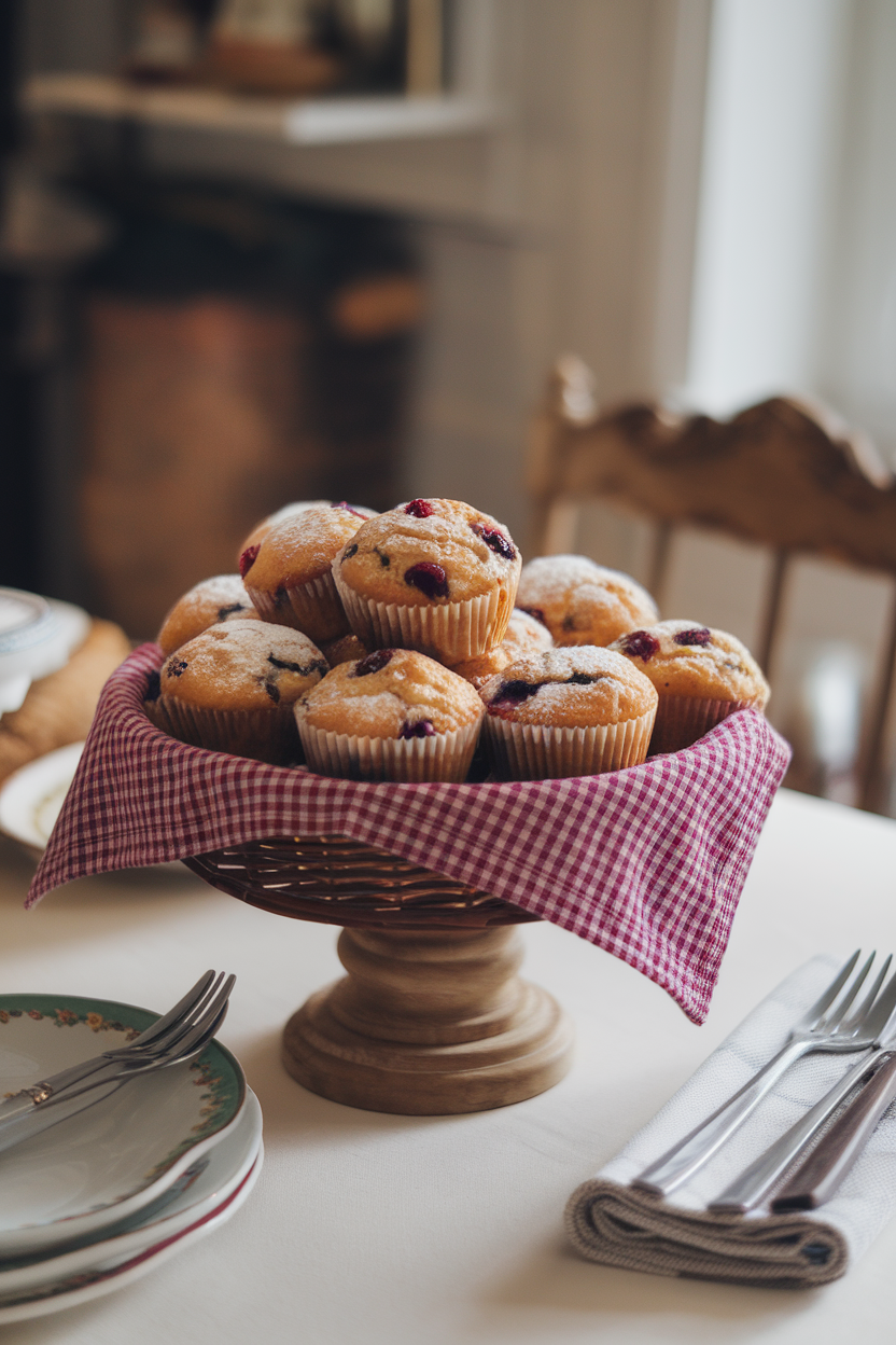 A basket lined with a gingham cloth on an indoor breakfast table, filled with bite-size cranberry orange muffins dusted lightly with powdered sugar. Photo, no text or logos.