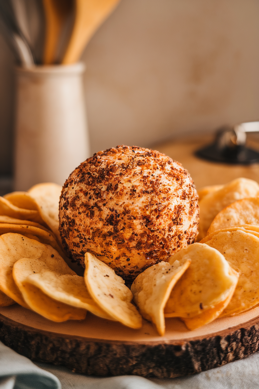 Indoor photo of a round cheese ball coated in everything bagel seasoning on a wood board with bagel chips. No text or logos.
