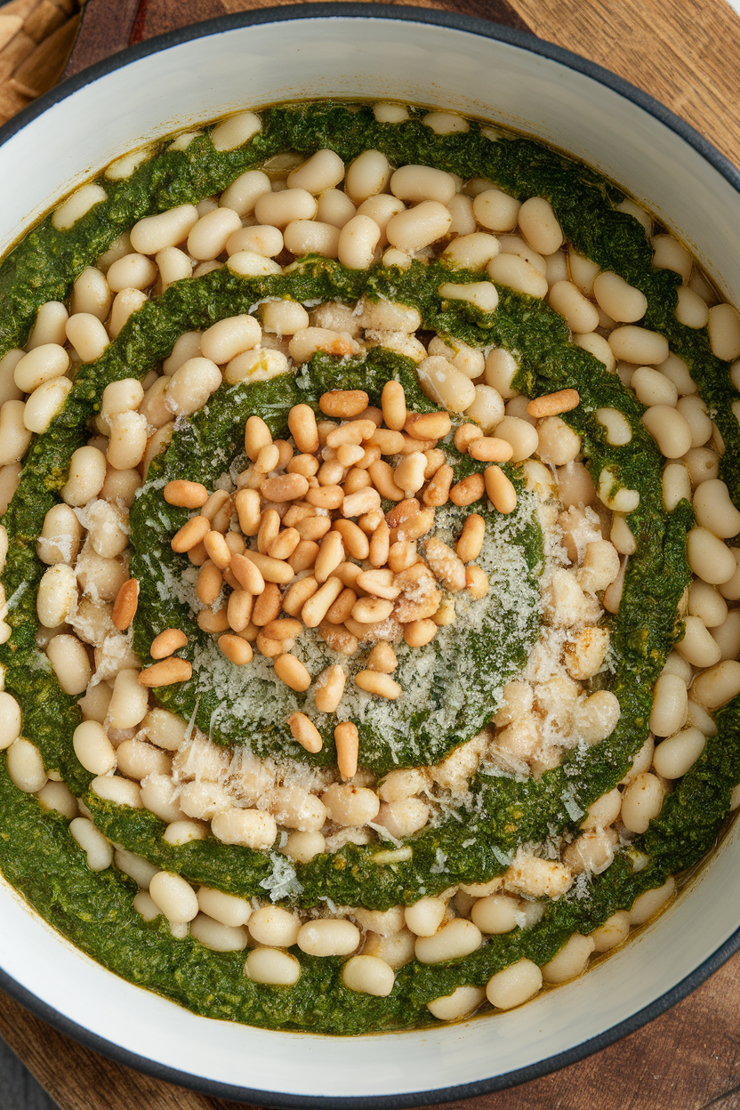 Indoor photo of white cannellini chili swirled with green kale pesto, pine nuts on top; no text or logos.