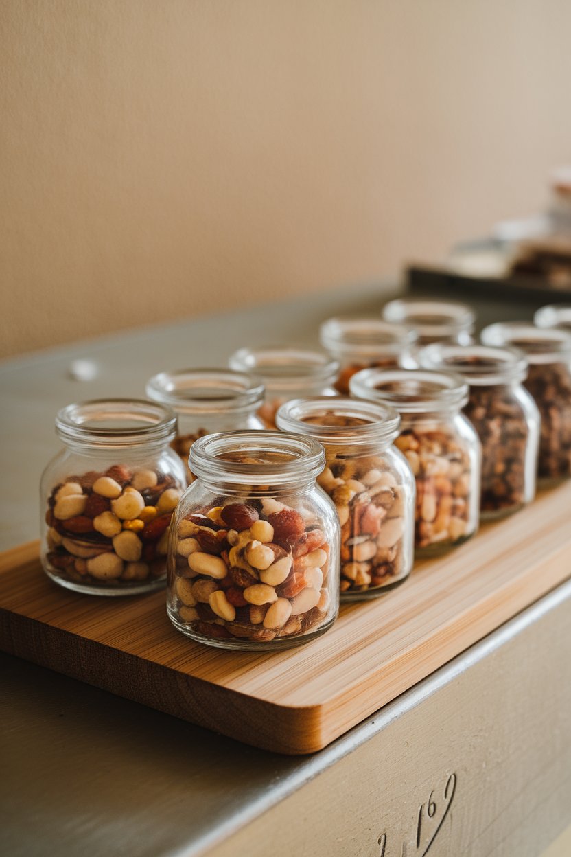 Photo of a row of tiny glass jars indoors, each holding about ¼ cup of mixed nuts. Even lighting, no text or logos.