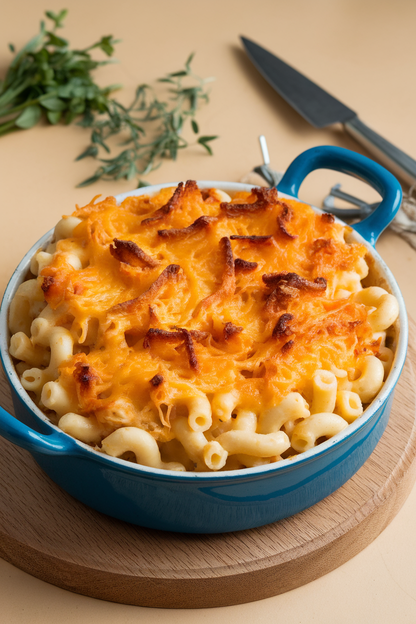 Indoor photo of a casserole of mac ’n’ cheese showing stretchy cheese pull, browned topping, no text or logos.