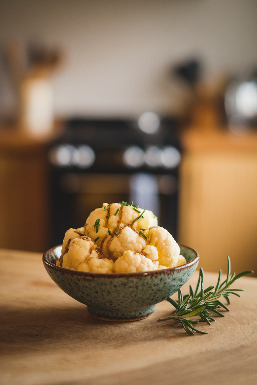 Photo of mashed cauliflower in a small bowl with a drizzle of truffle oil and chives, indoor light, no text or logos.