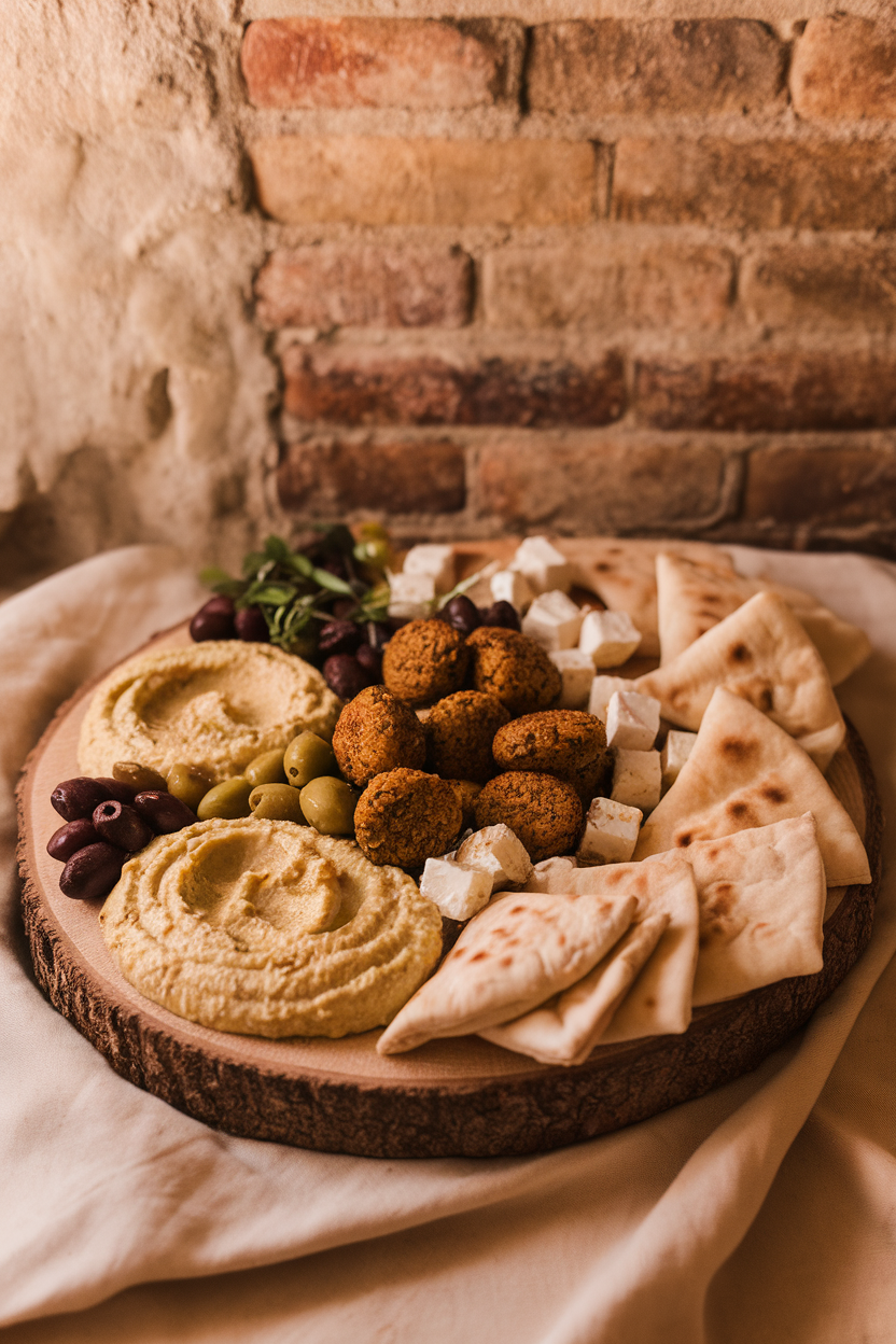 Indoor shot of a rustic wooden board laden with hummus swirls, cooked falafel, feta cubes, olives, and pita triangles; warm lighting, no text or logos.