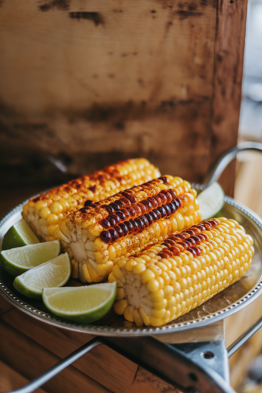 Indoor platter of quartered corn “ribs” charred and dusted with chili powder, lime wedges on the side; no logos or text