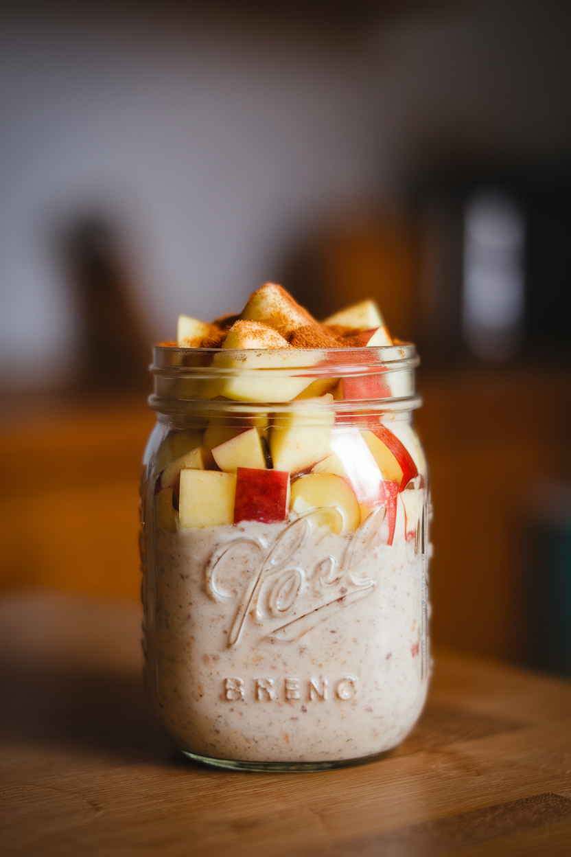 An indoor mason jar filled with creamy overnight oats, diced apples, and a dusting of cinnamon on top; placed on a wooden kitchen table, no text or logos, photo not illustration.