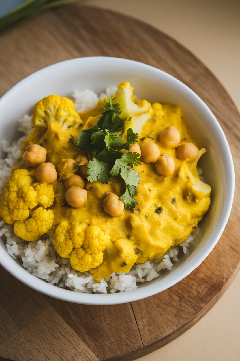 Indoor bowl of yellow curry featuring cauliflower florets and chickpeas, garnished with cilantro. No text or logos present.