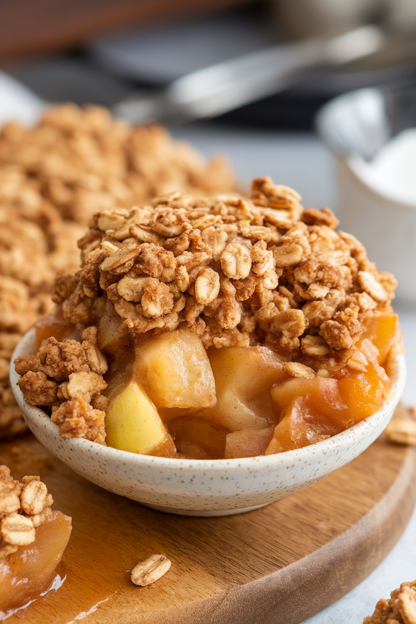 Indoor photo of a scoop of apple crumble in a bowl, cinnamon-oat topping visible, no text or logos.