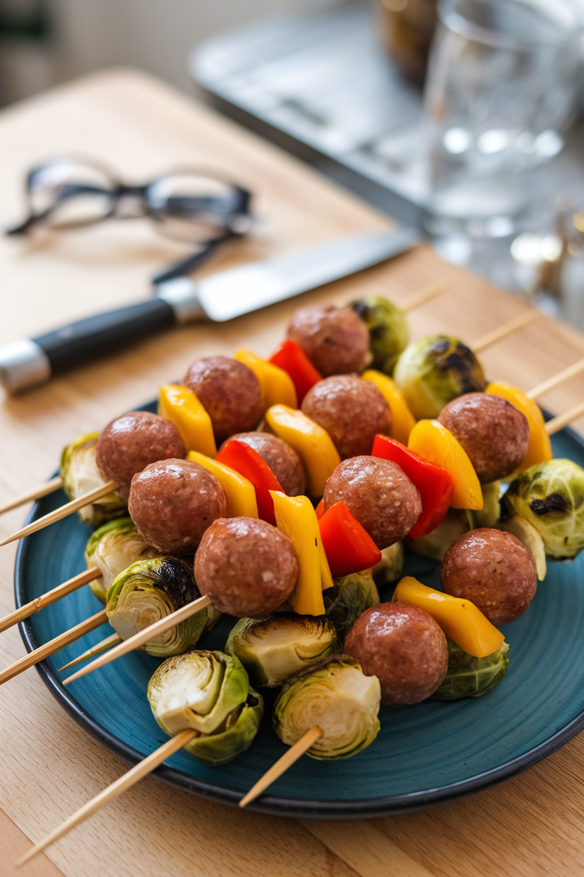 Indoor platter featuring wooden skewers threaded with maple-glazed breakfast sausage bites, roasted Brussels sprouts, and red pepper chunks. No text or logos. Photo, not illustration.