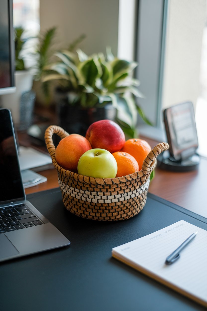 Photo of a small woven basket with apples and clementines on an office desk indoors. Natural daylight from a window, no text or logos.