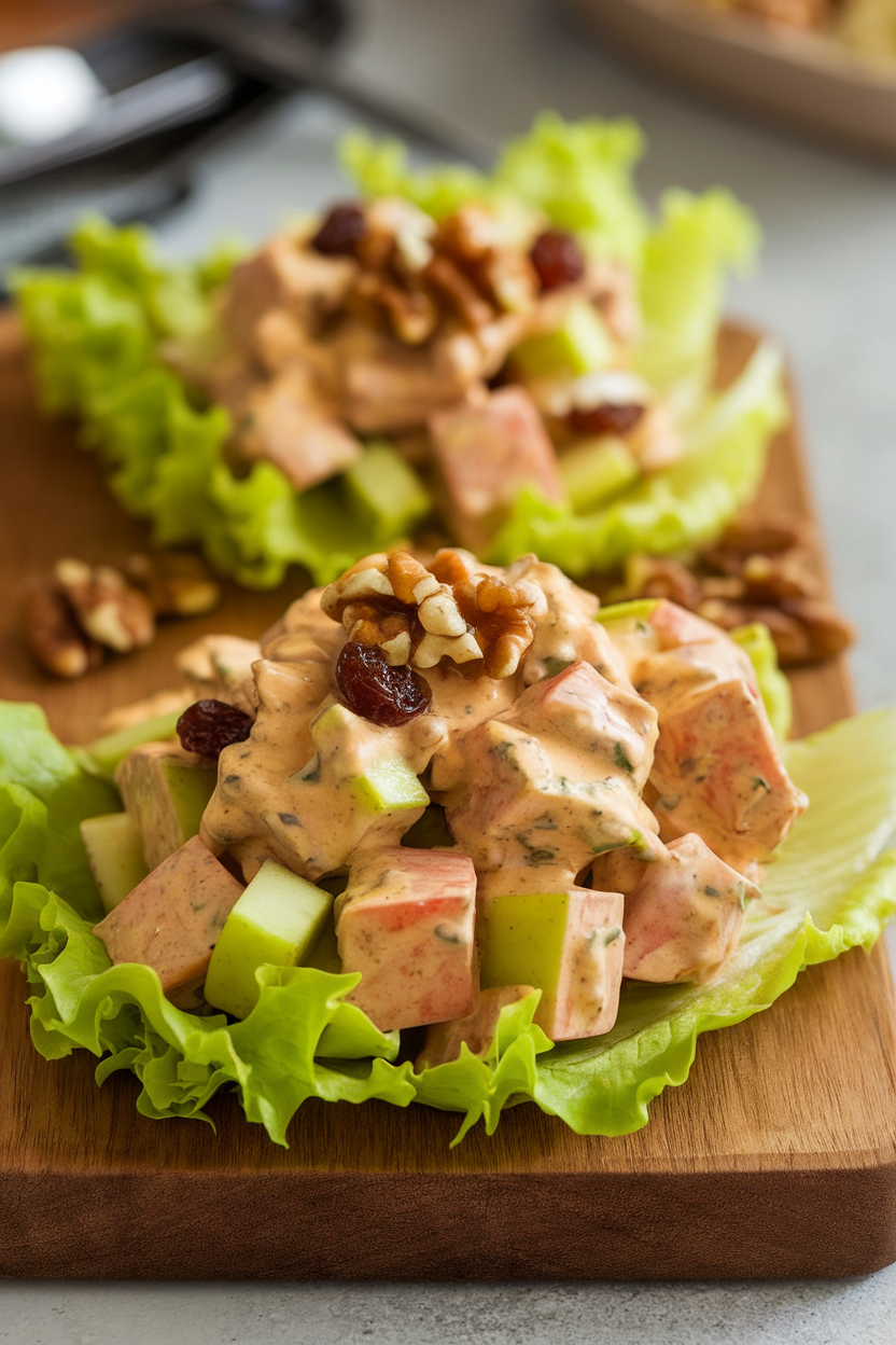 Indoor photo of diced cooked turkey breast, apple chunks, celery, and raisins coated in a light curry yogurt dressing, presented on butter lettuce leaves. Soft indoor light, no text or logos.