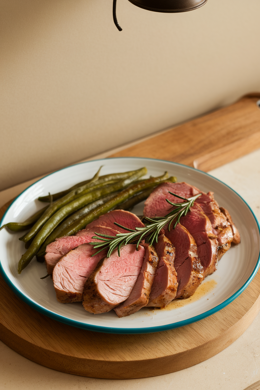 Indoor photo of sliced pork tenderloin garnished with rosemary sprigs, served alongside sautéed green beans. No text or logos.
