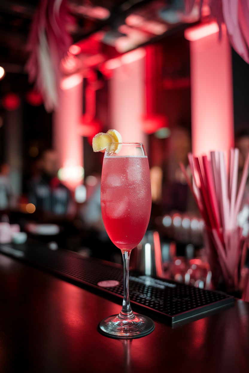 Indoor party bar showing a flute of pink-red sparkling cocktail with a thin slice of candied ginger on the rim. No text or logos; photograph, not illustration.