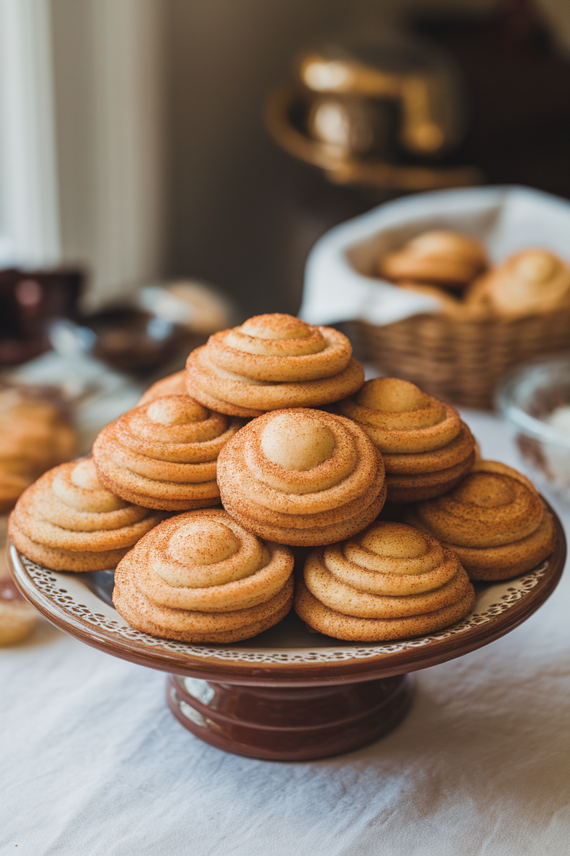 A ceramic plate on an indoor table piled with cinnamon-sugar snickerdoodles, visible browned bits demonstrating butter has been caramelized. Photo, no text or logos.