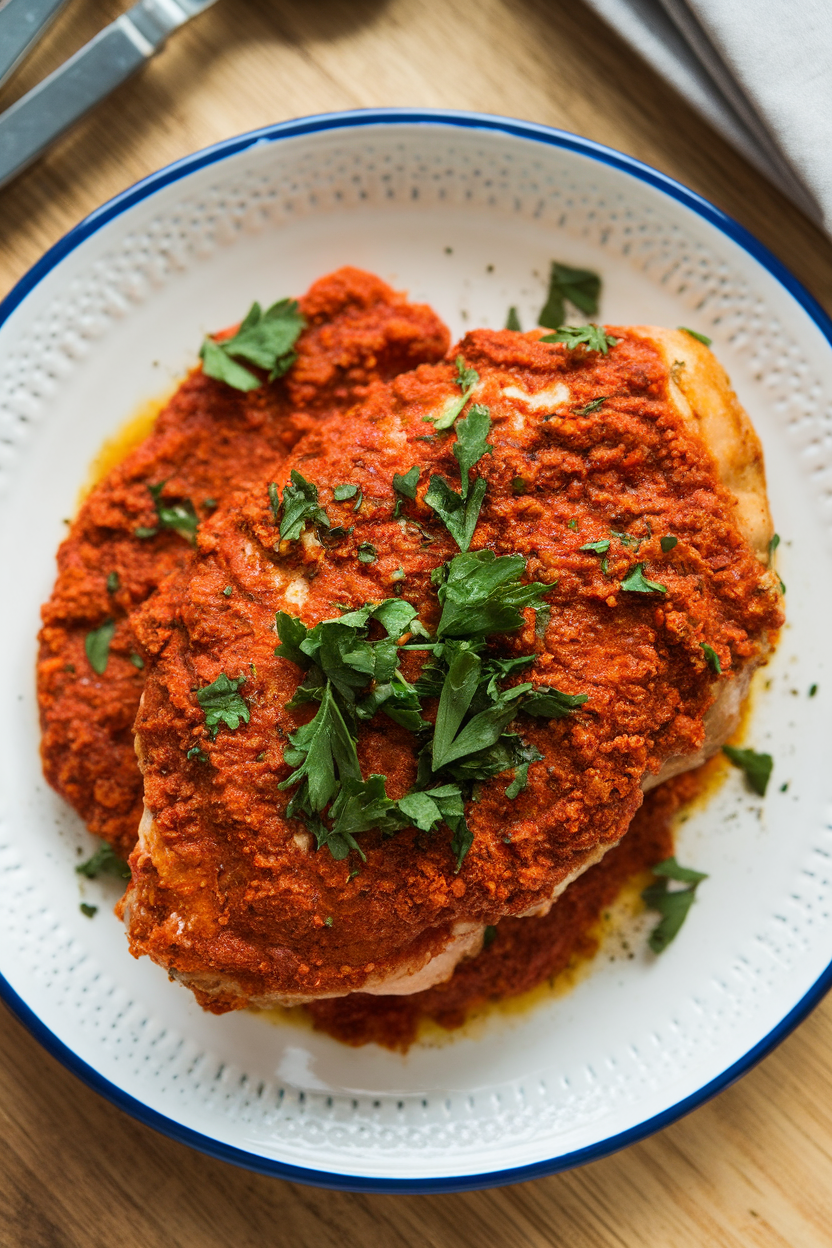 Indoor dish with air-fried chicken breast coated in deep red harissa paste, parsley garnish, overhead shot. No text or logos.