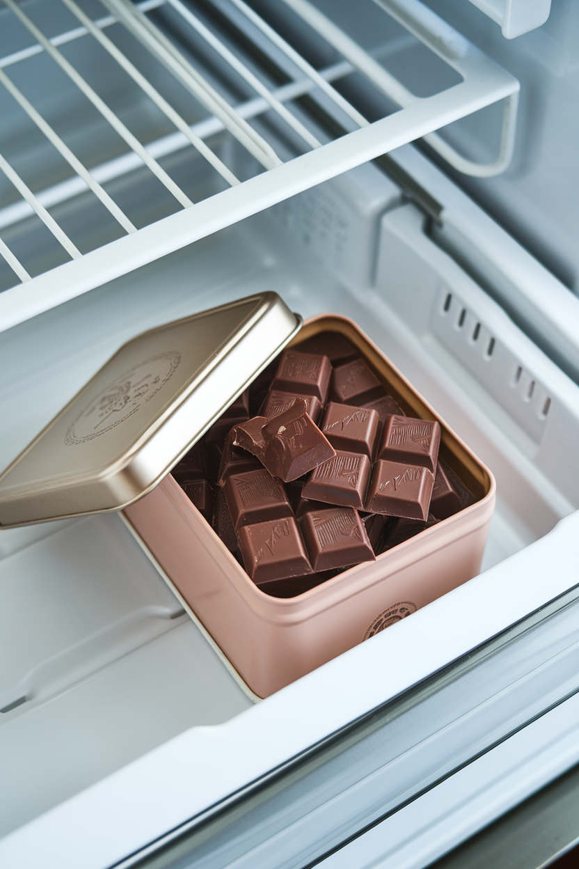 Photo, indoor fridge drawer with a small lidded tin holding individually broken dark chocolate squares, no logos on chocolate.