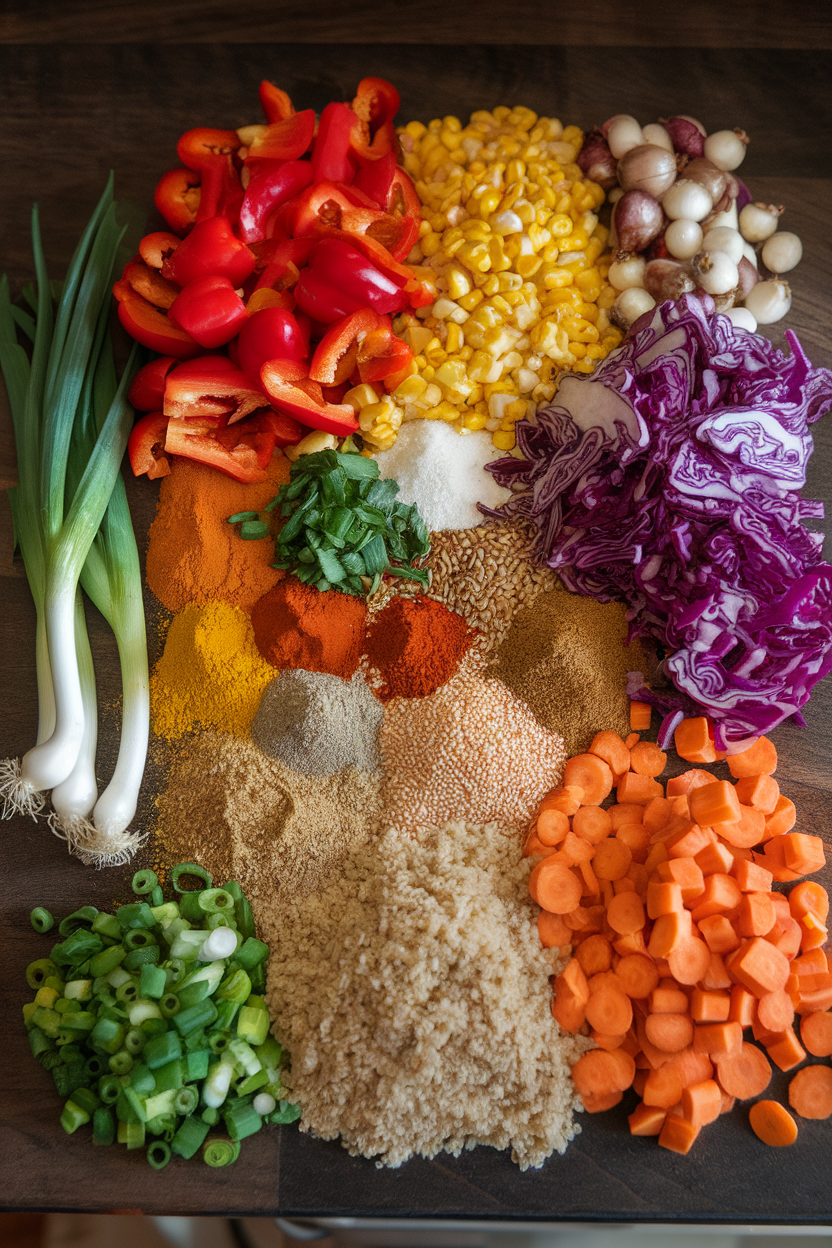 Photo of an indoor countertop covered with colorful chopped vegetables, grains, and spices laid out mise en place, no text or logos.