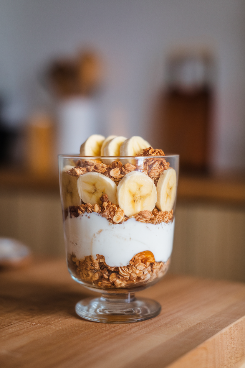 Indoor tabletop featuring a clear parfait glass layered with plain Greek yogurt, sliced bananas, granola, and a drizzle of honey; no text or logos, photo style.